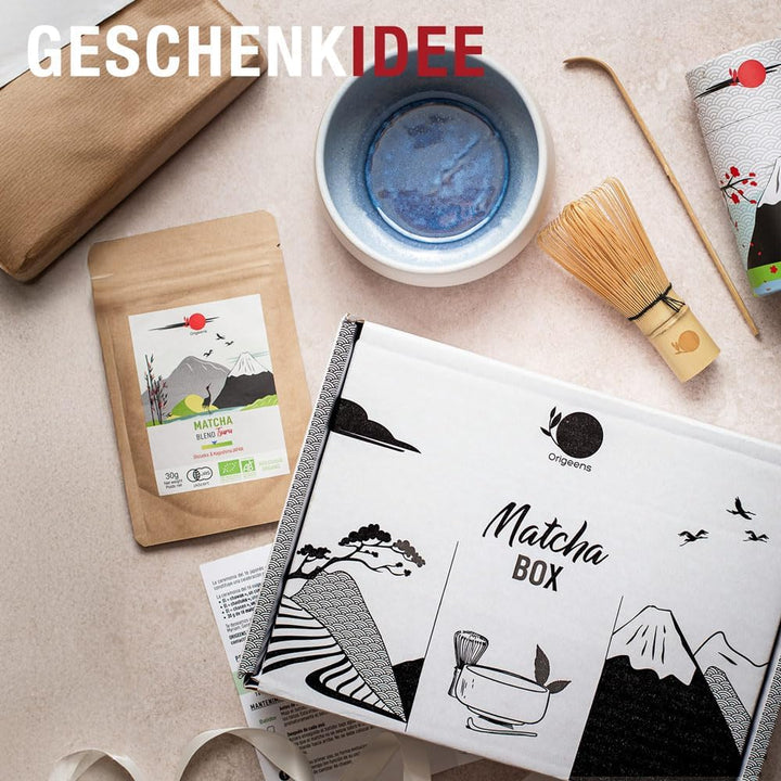 Origeens MATCHA SET MIT PULVER „AZUR“ - Handgefertigte Matcha-Schale (Portugal), Matcha-Besen, Bambu