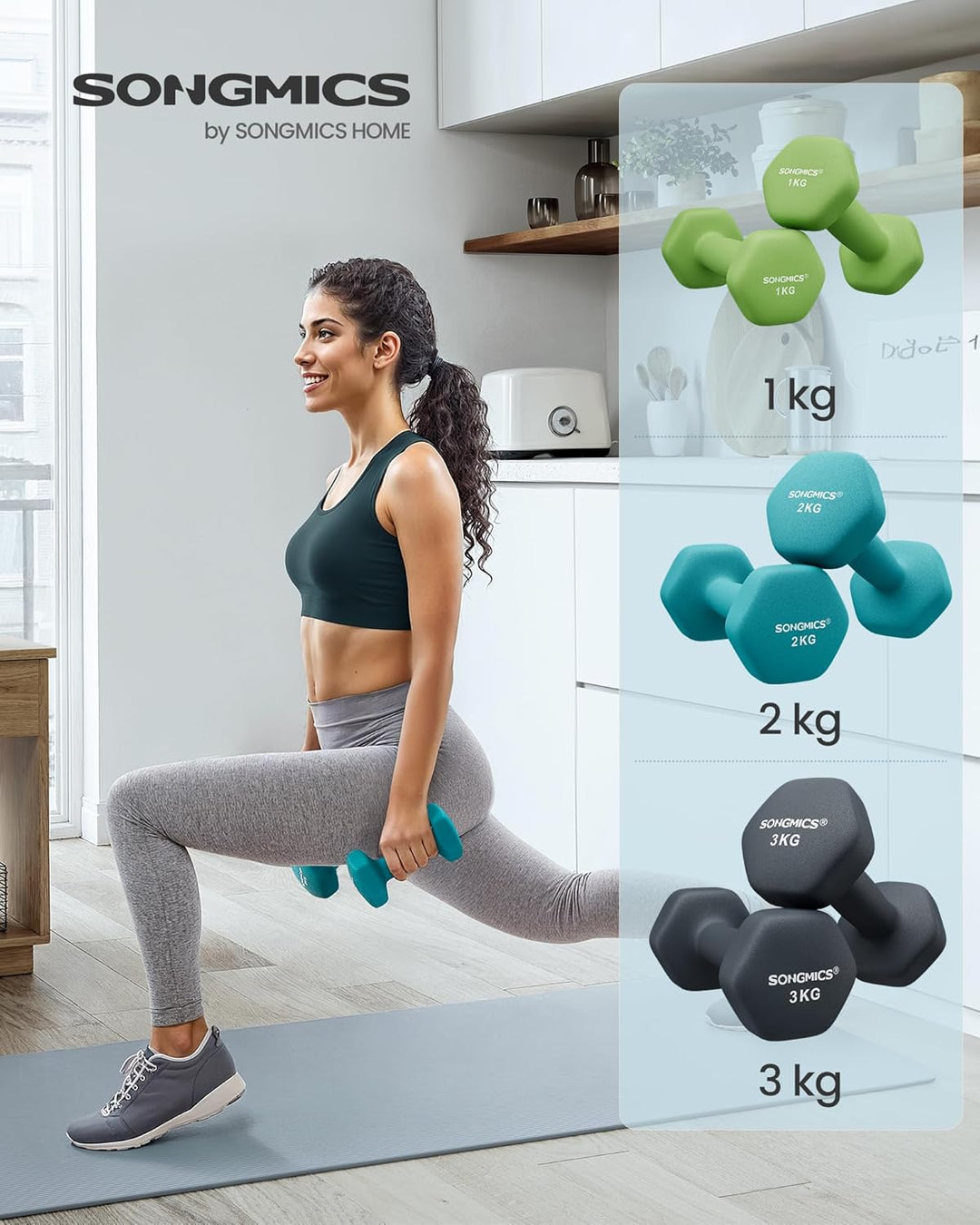 SONGMICS Kurzhantel Set, Hexagon, mit Hantelständer, 2 x 1 kg, 2 x 2 kg, 2 x 3 kg, mattes Finish, Ne