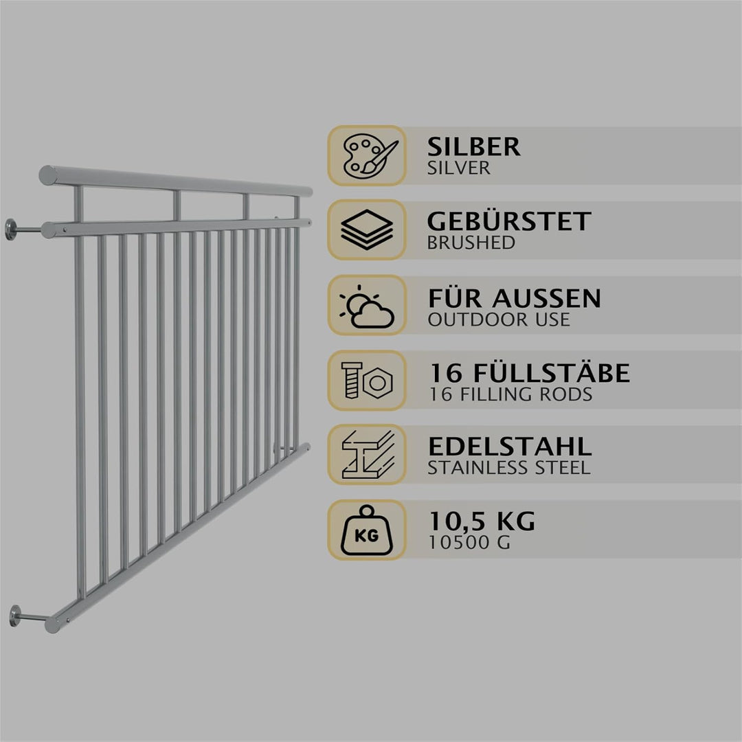 HAGO24 | Französischer Balkon | Fenstergitter | Edelstahlgeländer | 225x90cm | Stabgeländer | Juliet