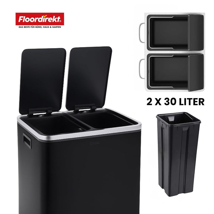 Floordirekt Mülleimer Küche 2×30L Anthrazit | 2-Fach Mülltrennung, Treteimer Küche, Metall, Soft-Clo