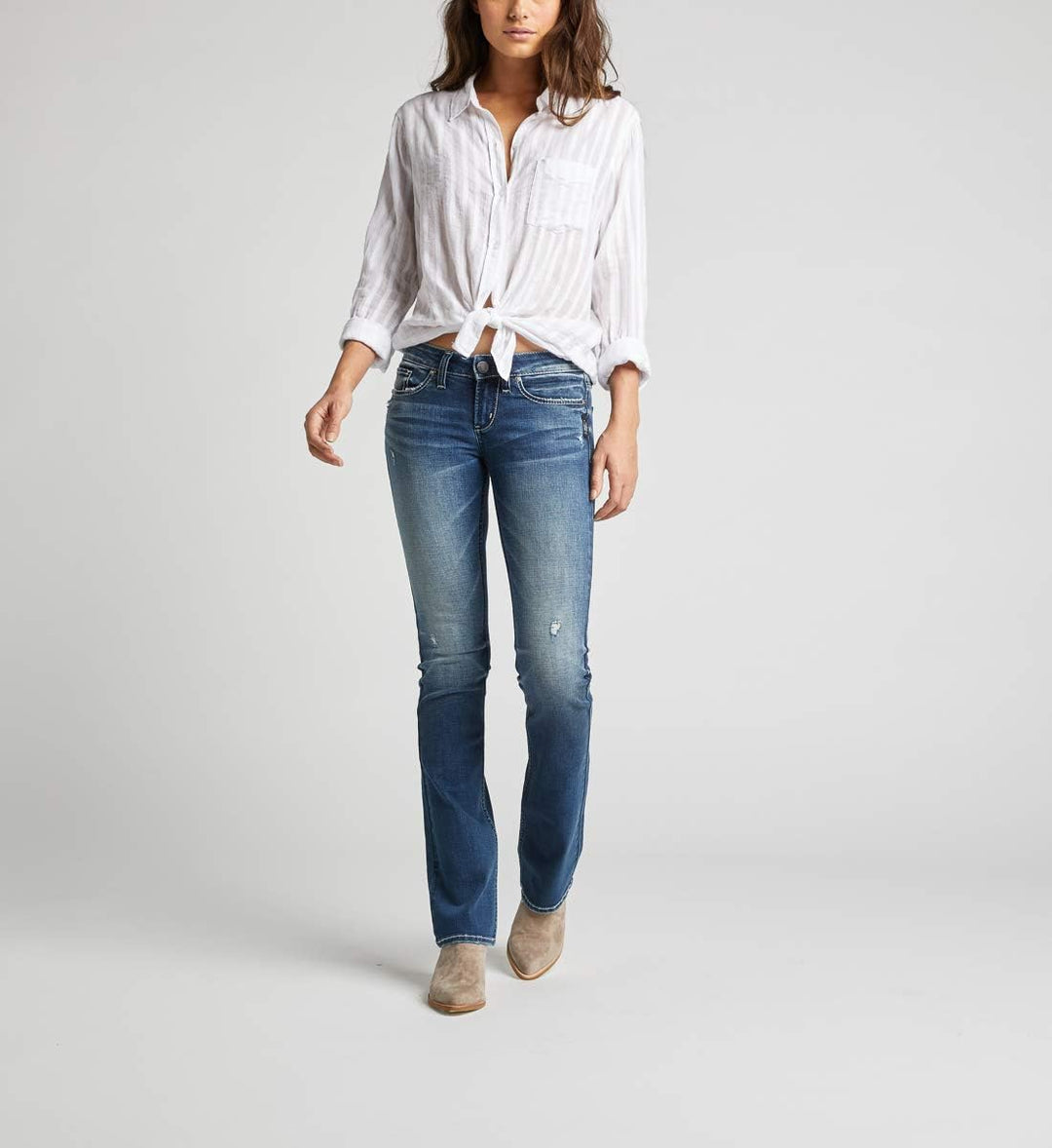 Silver Jeans Co. Damen Jeans Tuesday Low Rise Slim Bootcut Jeans 31W / 31L Medium Indigo Distressed,