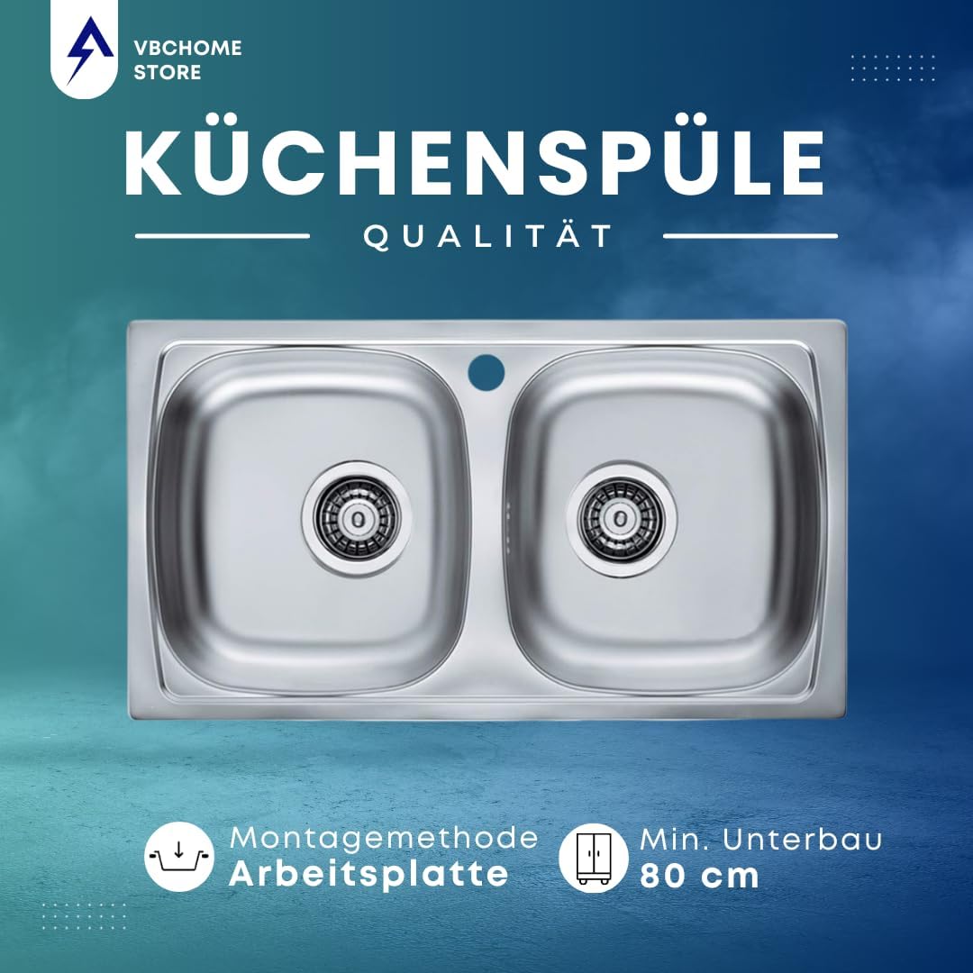 VBChome Doppelbecken Einbauspüle mit Hahnloch 78 x 44 cm Camping Küchenspüle - Leinenstruktur Alveus
