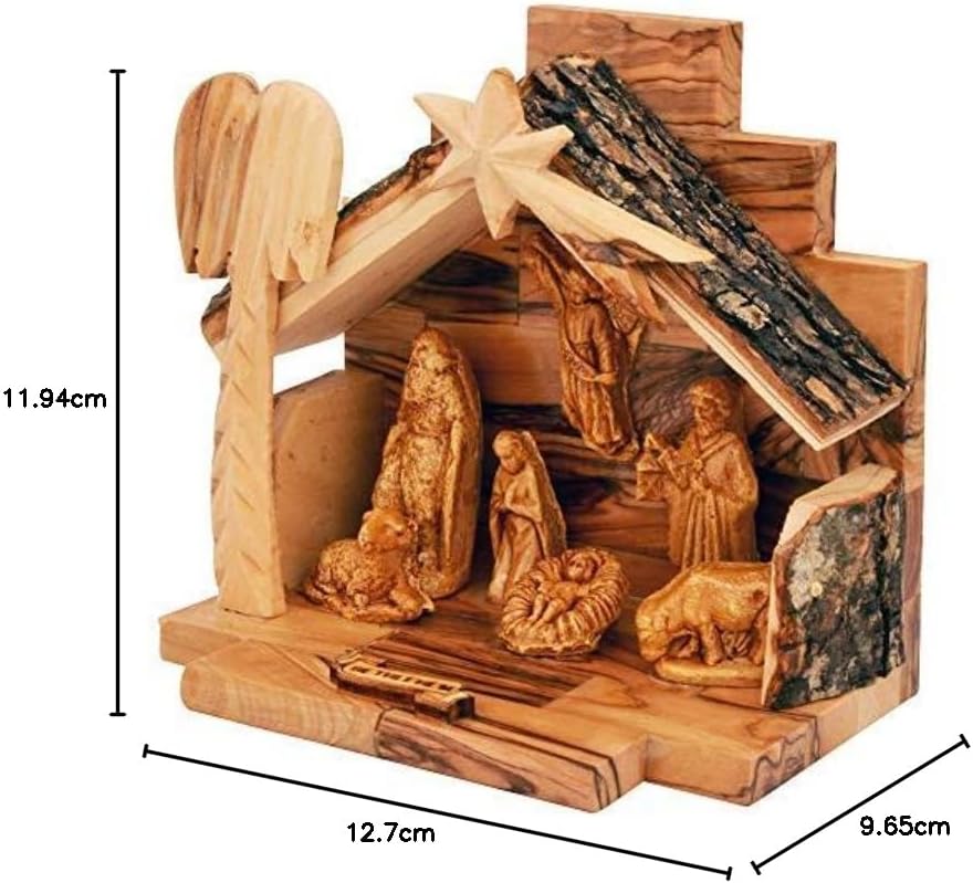THE JERUSALEM GIFT SHOP SINCE 2004 Olivenholz Krippe Set mit Figuren | Rindendach stabil | Made in B