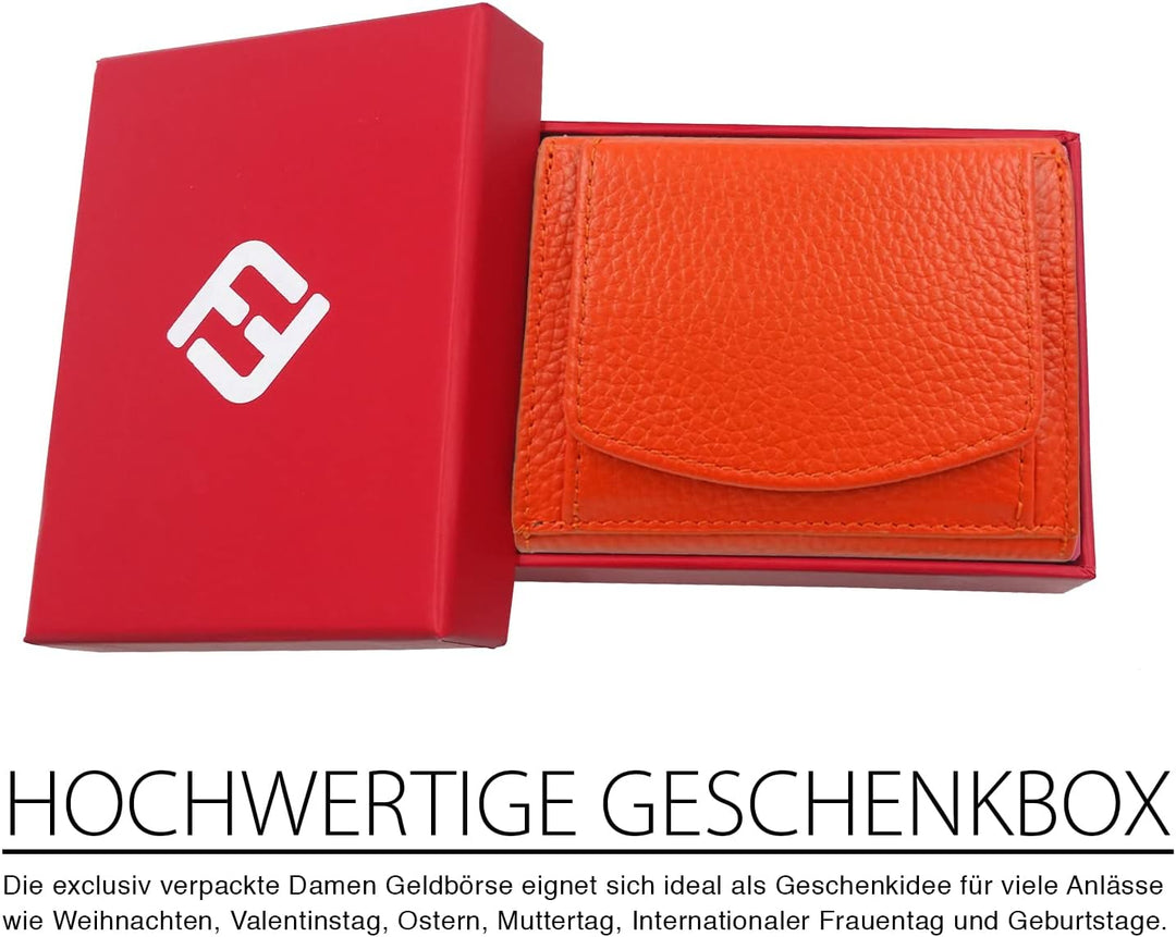 Mini Geldbeutel Damen, Reise Geldbörse, klein viele Fächer, Leder orange, RFID Blocker Münzfach gros