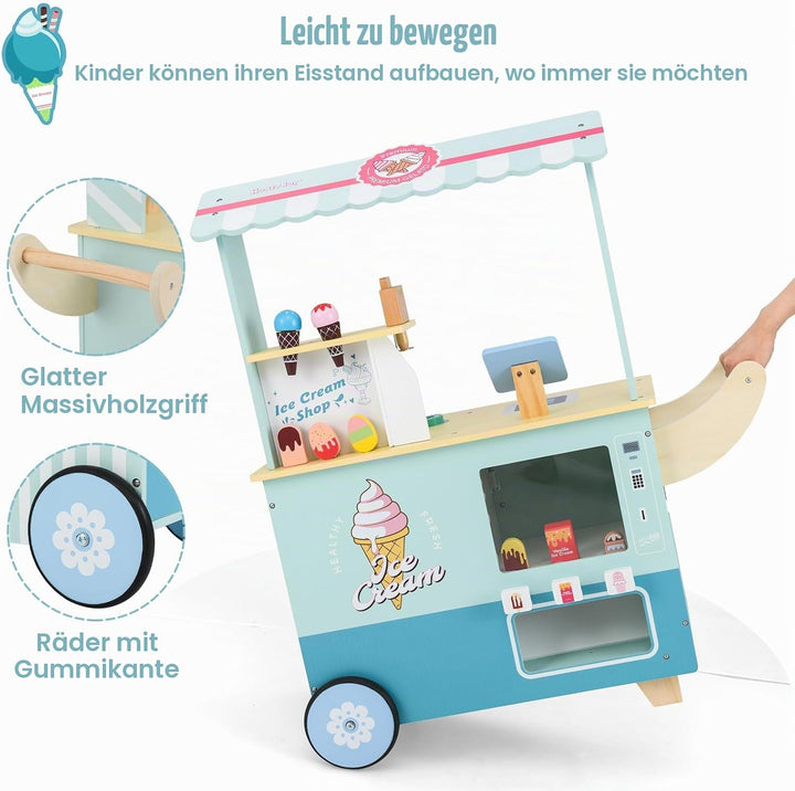 HOMASIS Kinder Eiswagen Holz mit 15 Zubehör, Kaufladen mit 6 Spielzeug-Eiscreme, Eismaschine, Verkau