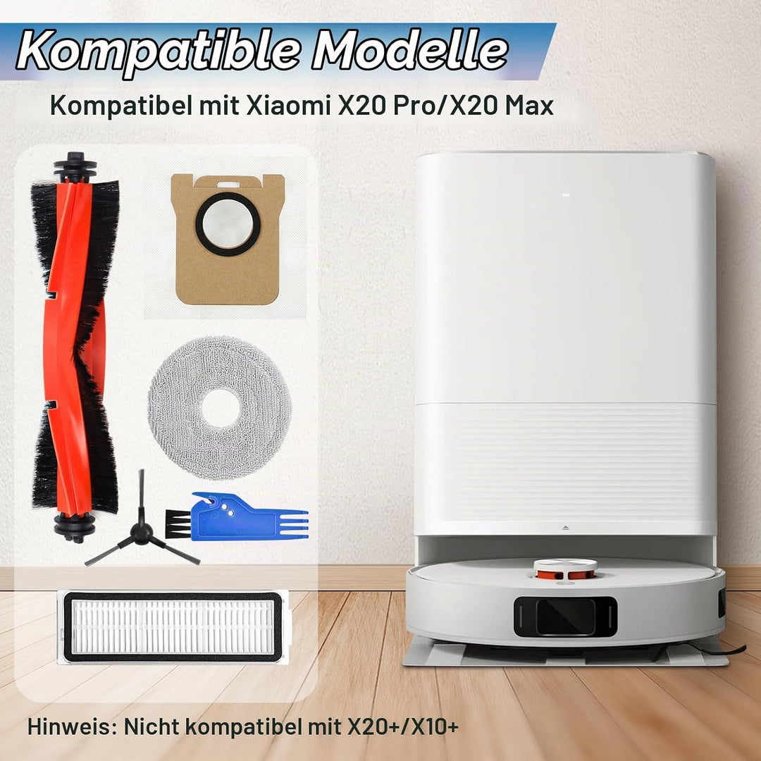 Zubehör Ersatz Kompatibel für Xiaomi X20 Pro, X20 Max Saugroboter | 1 Hauptbürste, 2 Filter, 4 Seite