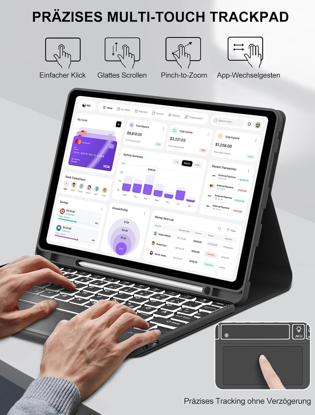 JADEMALL Für Lenovo Tab M11 Hülle mit DE Tastatur für 11 Zoll 2024 TB330FU, 7-Farben Beleuchtung Mit
