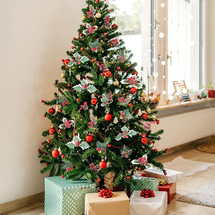 Larber 24 Stück Weihnachtsbeeren Kleine Künstliche Tannenzweige mit Roten Beeren Tannenzapfen Weihna