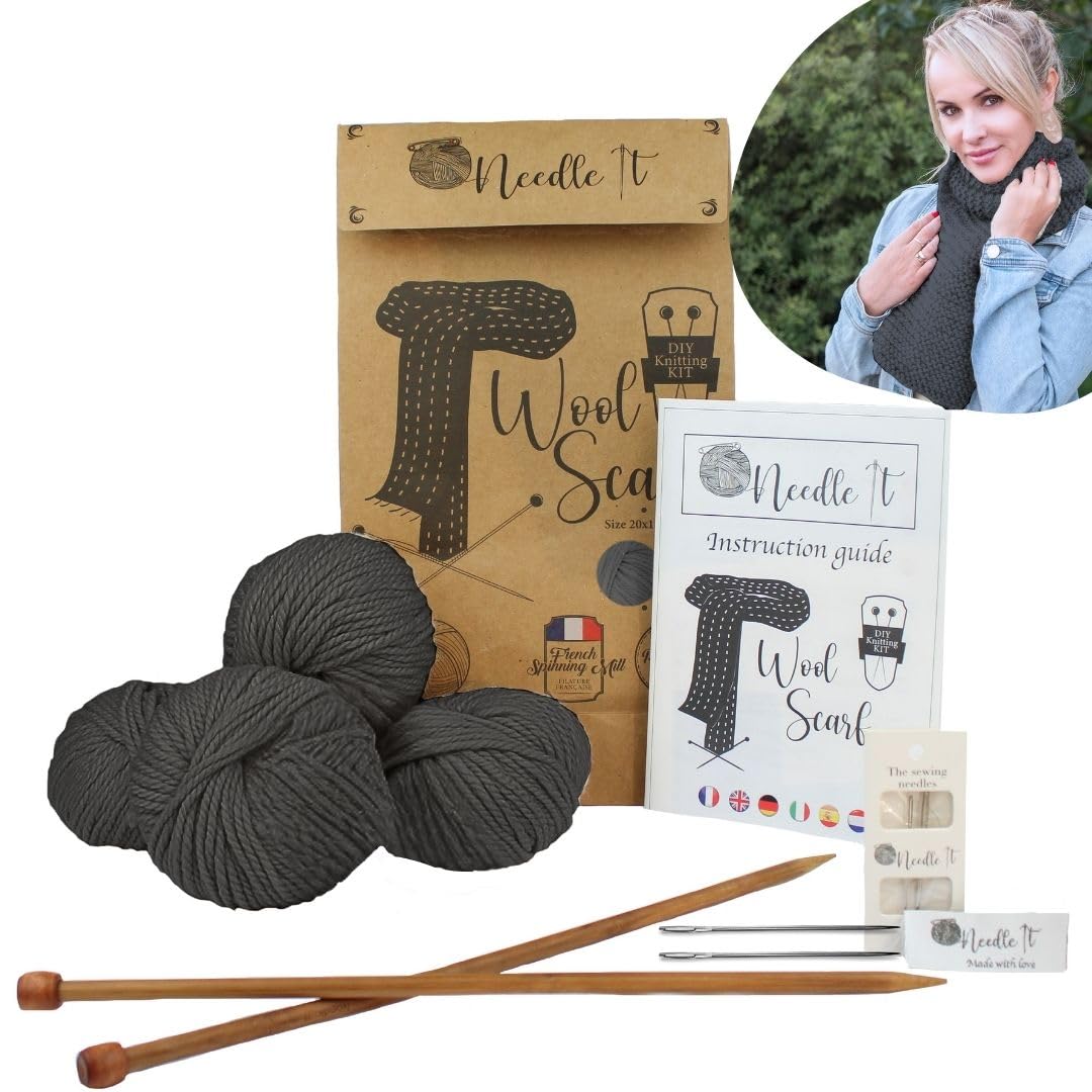Needle It® - Komplettes Strickset für Anfänger mit Stricknadeln - Strickschal aus Wolle - Geschenkid