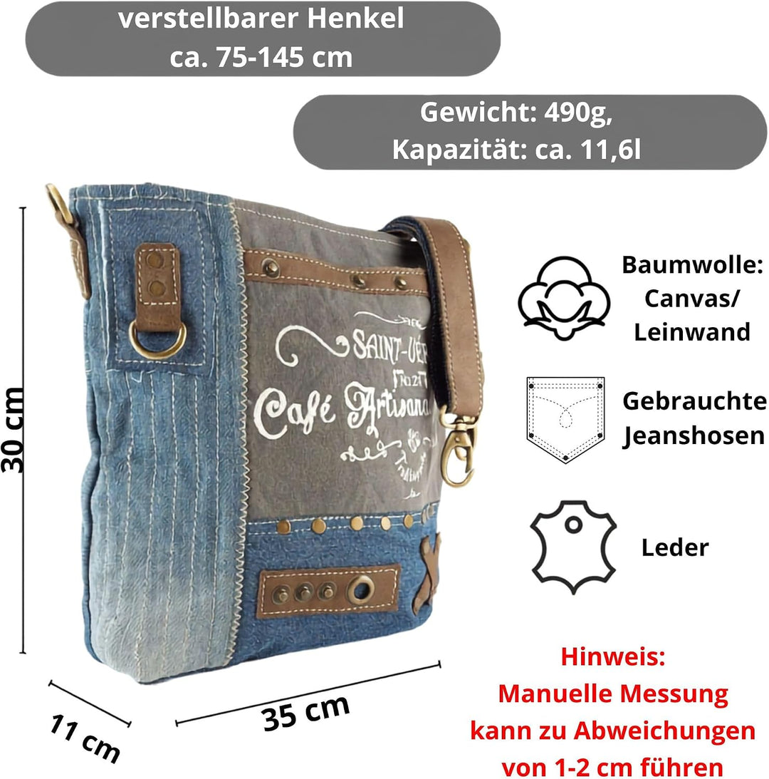 Sunsa Damen Umhängetasche. Schultertasche aus Canvas recycelte Jeans &amp; Leder. Grosse Vintage Crossbo