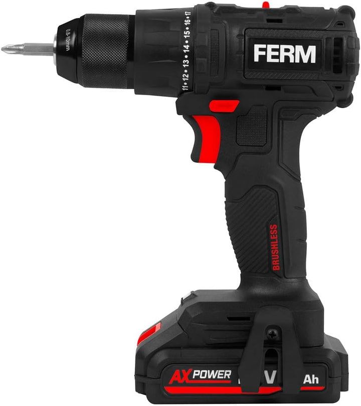 FERM Akku-Bohrmaschine 20V – Inklusive 2,0Ah Li-Ion Akku und Ladegerät – Mit Transportkoffer – Bürst