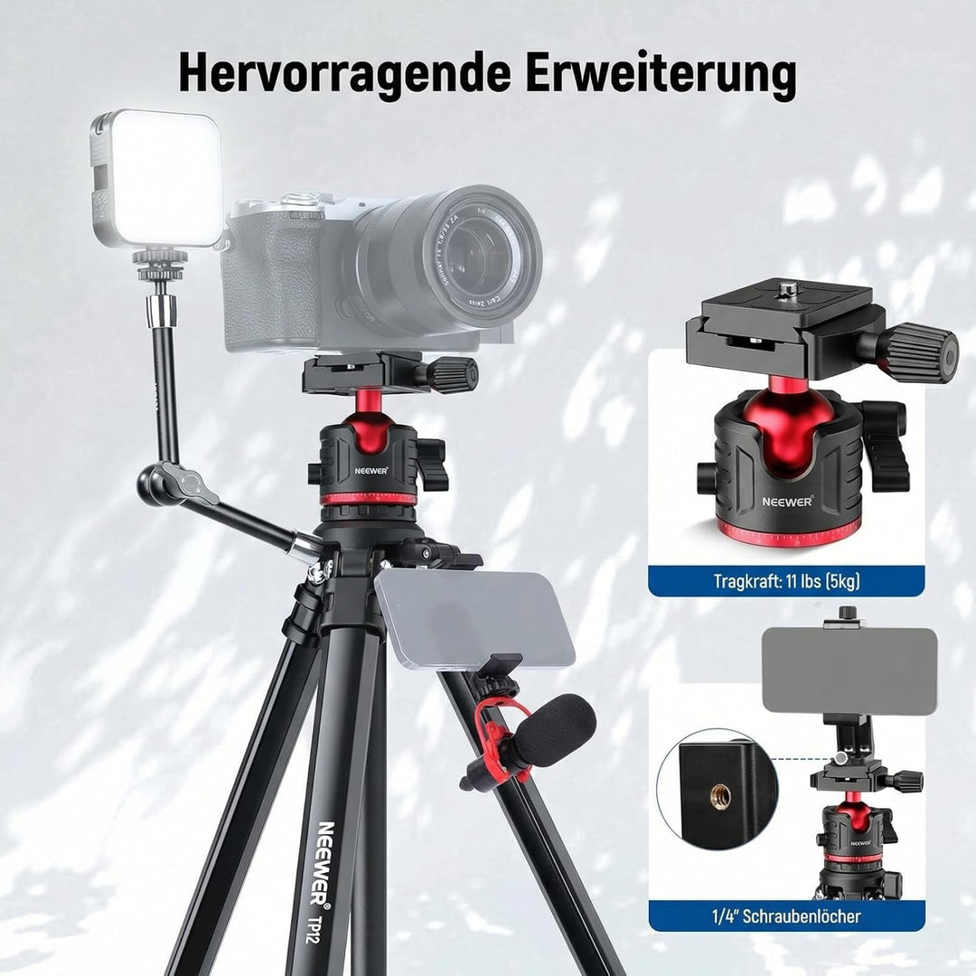 NEEWER Basics 169cm Reisestativ für Kamera, leichtes DSLR Stativ mit Kugelkopf, Arca Typ Schnellwech