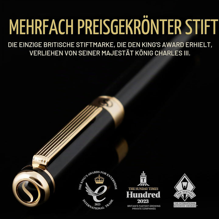 Scriveiner Tintenroller Hochwertiger Tintenroller mit Echtvergoldung, schwarze Schmidt Ersatzmine, G
