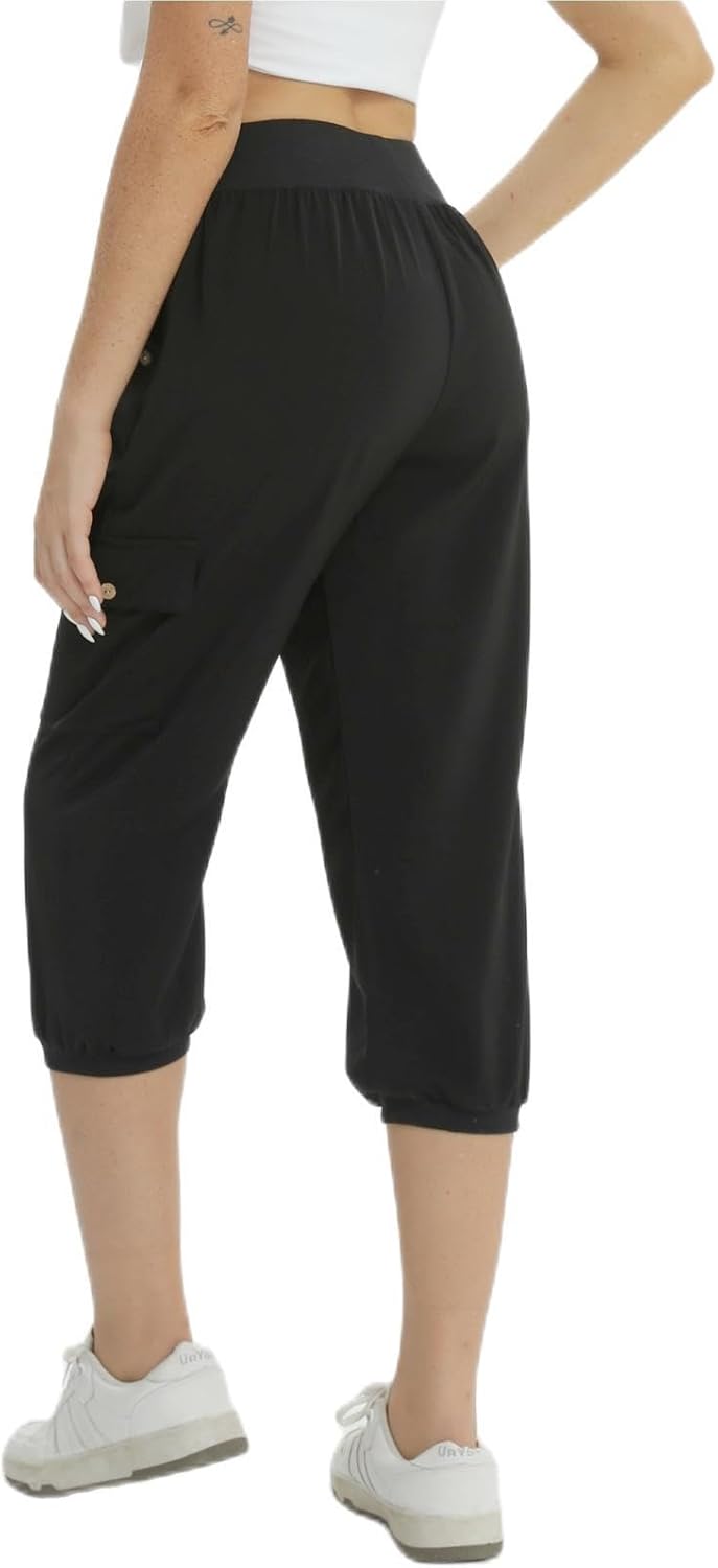 fuinloth 3/4 Hose Damen, Sommer Caprihose Dreiviertel Cargo Hosen Frauen Gummizug Leicht 38-40 Schwa