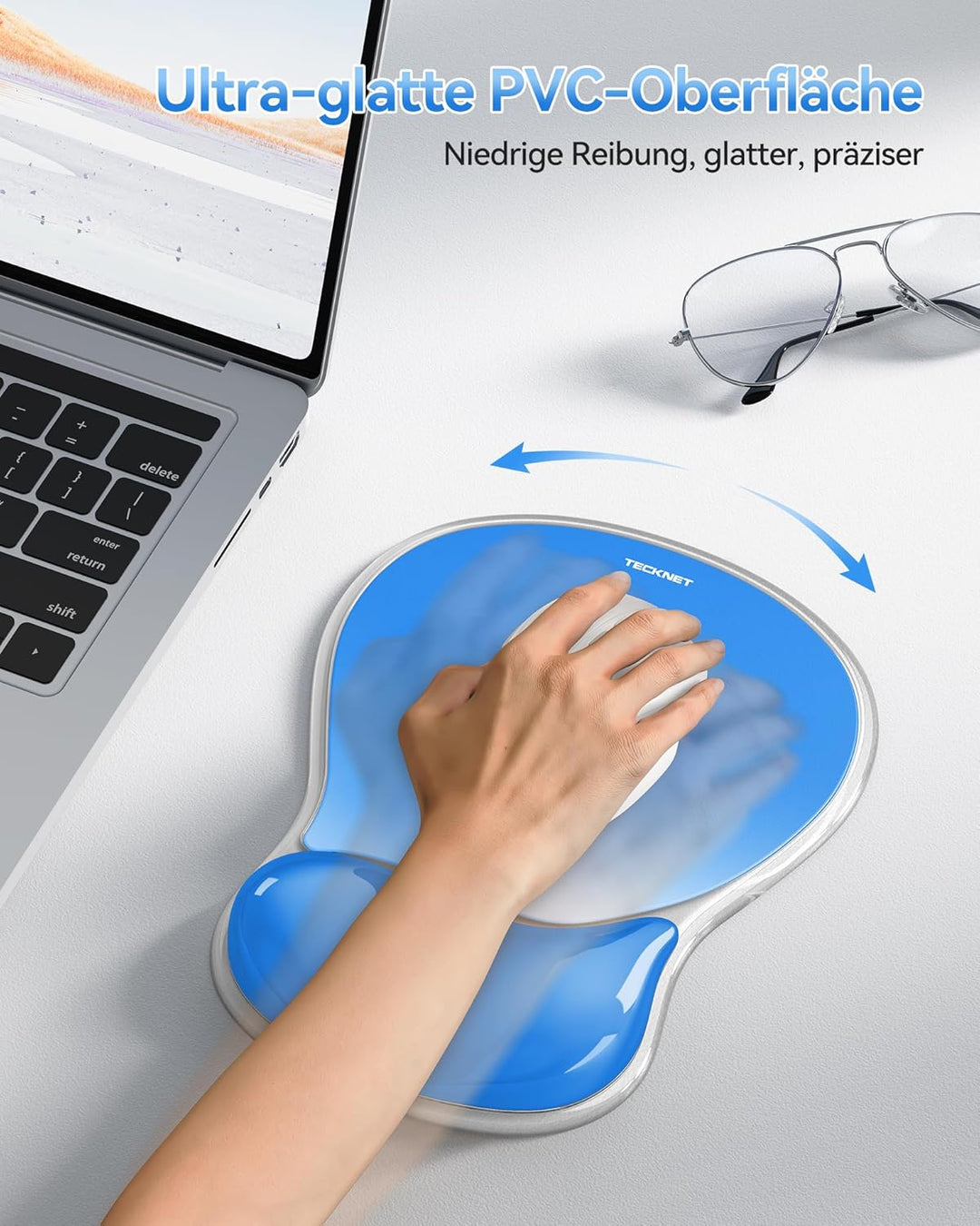 TECKNET Mauspad mit Gel-Handgelenkauflage, Ergonomische Tropfenförmige Vertiefung, Passt & Weich, Wa