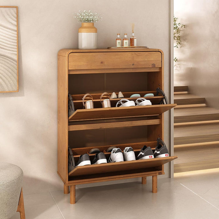 Schuhkipper NAEL mit 2 Klappen und Schublade, Eiche farben – schmaler Schuhschrank aus massivem Kief