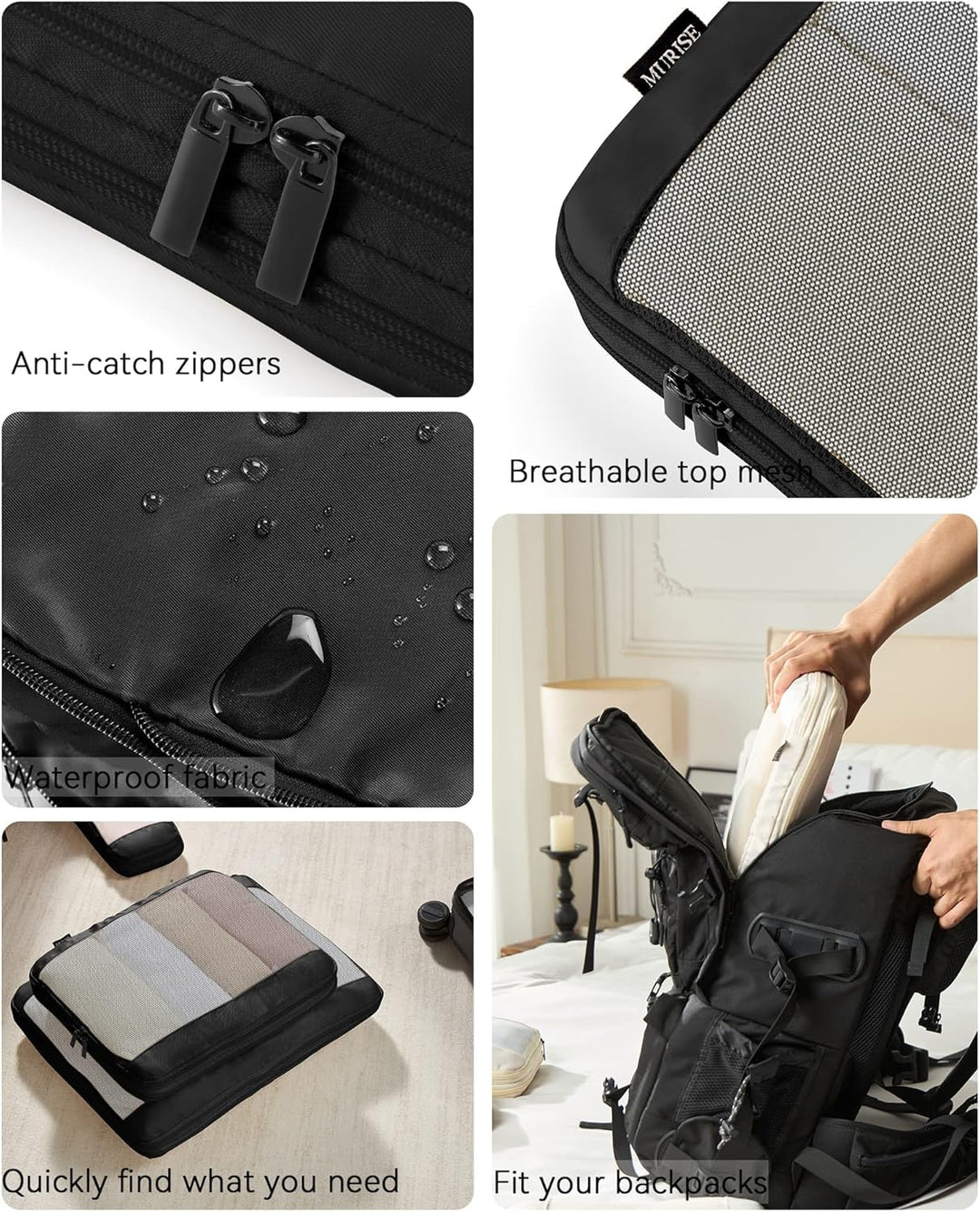 MURISE 6er Set Compression Packing Cubes, Koffer Organizer Packtaschen Schwarz, Schwarz