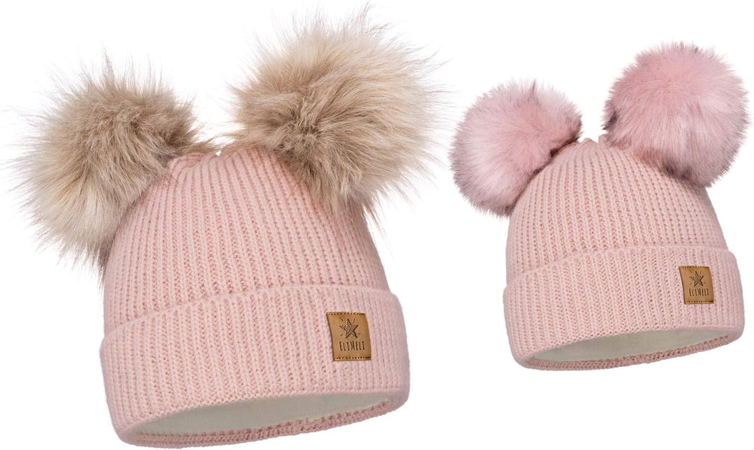 ELIMELI Eltern-Kind Mütze Mädchen Warme Wintermütze für Mutter und Tochter Mütze Damen Winter mit Zw