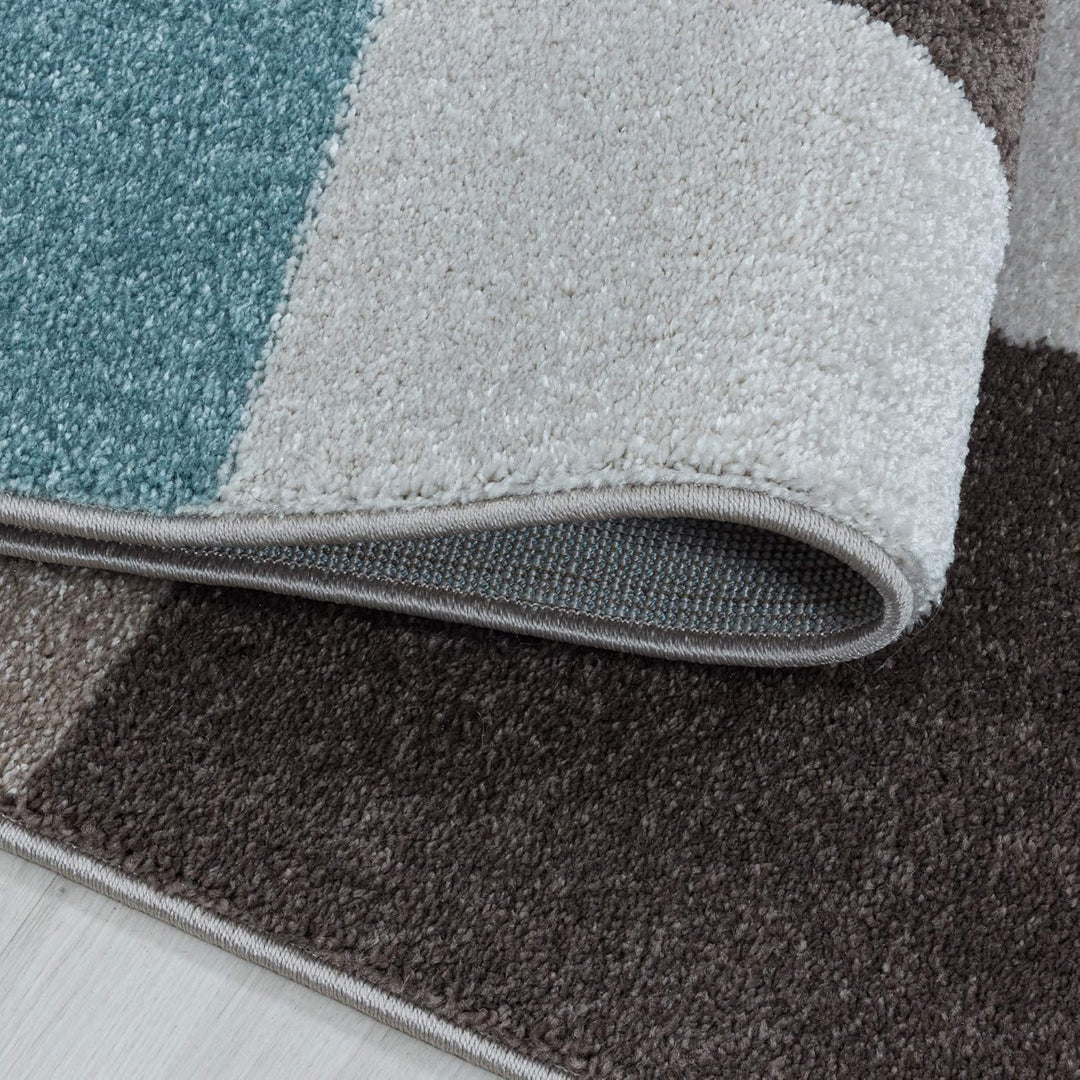 Modern Designer Kurzflor Teppich, Geometrische Karo Design, Läufer Teppich, Braun - Beige - Blau Far