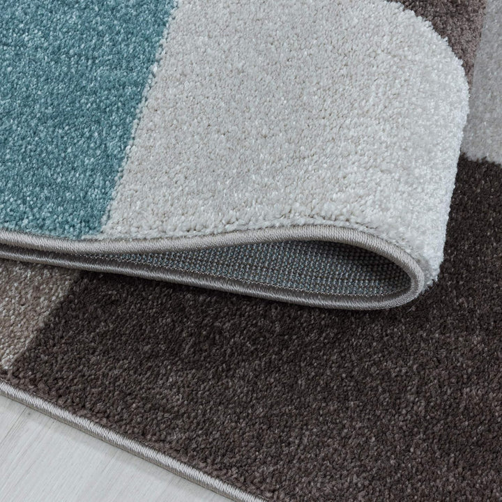 Modern Designer Kurzflor Teppich, Geometrische Karo Design, Läufer Teppich, Braun - Beige - Blau Far