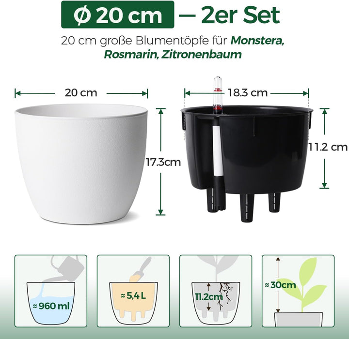 T4U 2Pcs 20cm Selbstbewässerungstopf mit Wasseranzeiger, Praktischer Blumentopf für vielbeschäftigte