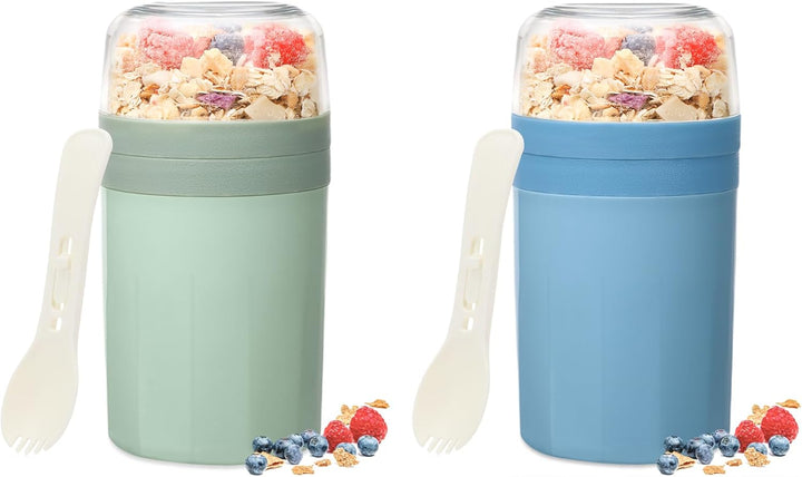 Bugucat Müslibecher to Go 520ML+250ML 2er,Praktischer Joghurtbecher mit Löffel, Auslaufsicher Müsli
