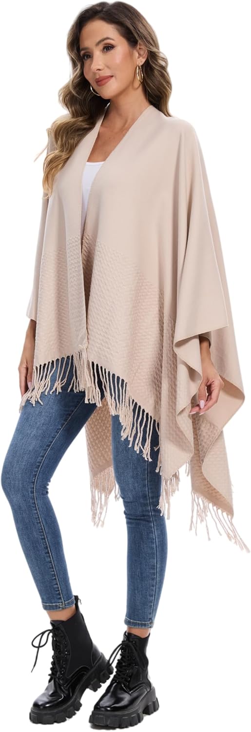 Damen Poncho Schal, Strick Cape Umhang mit Offener Front, Elegante Stola Pashmina Poncho-Decke für F