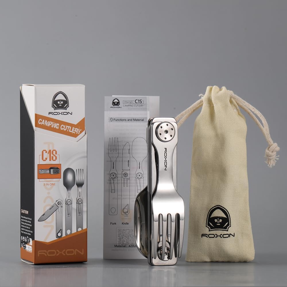 ROXON C1S 3 in 1 Camping Utensils Detachable Cutlery Knife Spoon Frok for Outdoor Camping Hiking, Ed