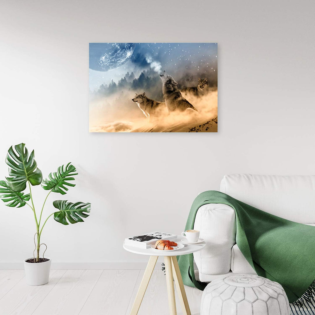 Wandbild XXL Wölfe Deko Kunst Bilder Mond Braun 120x80 cm Deko Paneel 120x80 cm Braun_a, Deko Paneel