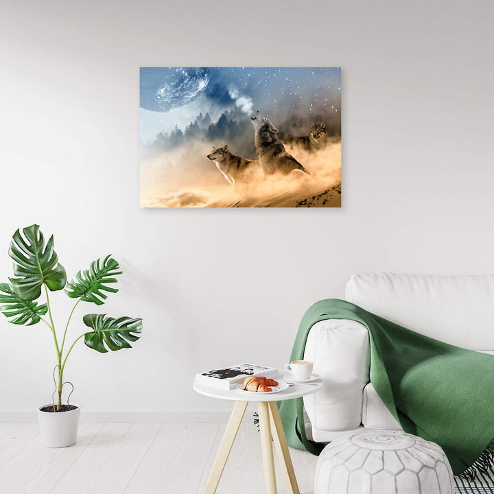 Wandbild XXL Wölfe Deko Kunst Bilder Mond Braun 120x80 cm Deko Paneel 120x80 cm Braun_a, Deko Paneel