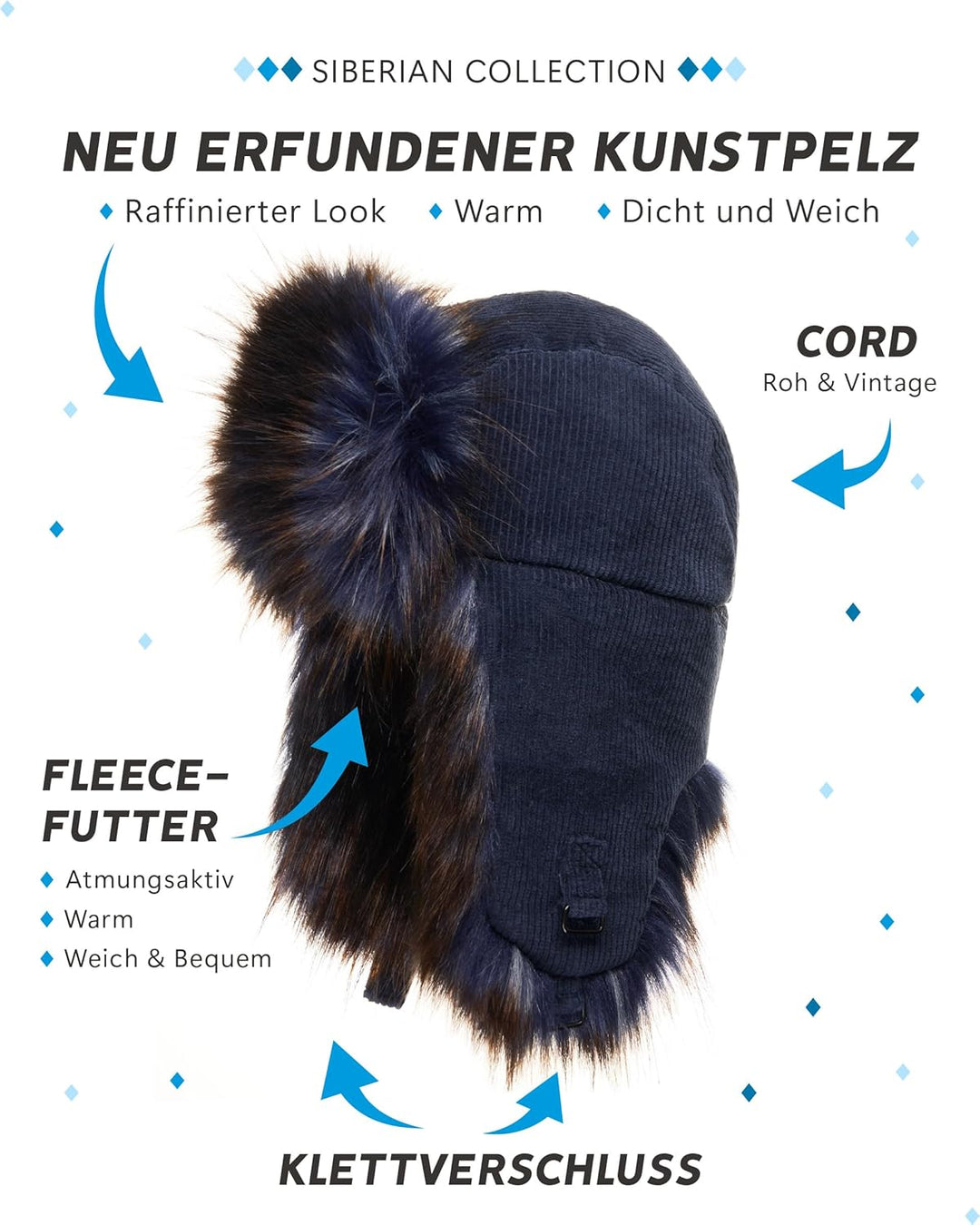 Futrzane Trappermütze aus Cord - Ushanka Herren - Fell Mütze mit Ohrenklappen S Marineblau - Marineb