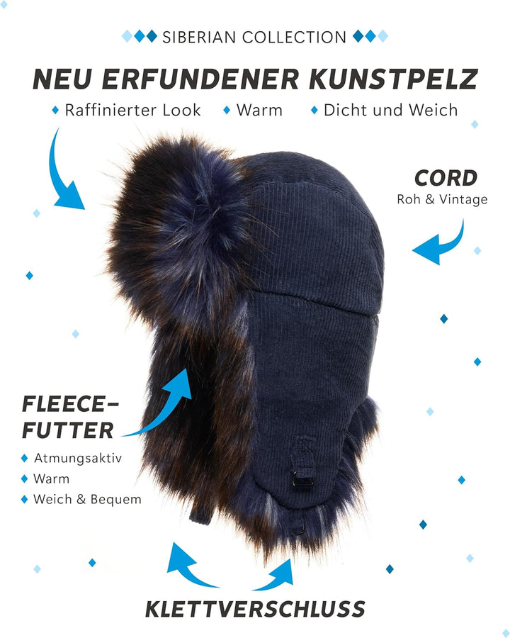 Futrzane Trappermütze aus Cord - Ushanka Herren - Fell Mütze mit Ohrenklappen S Marineblau - Marineb