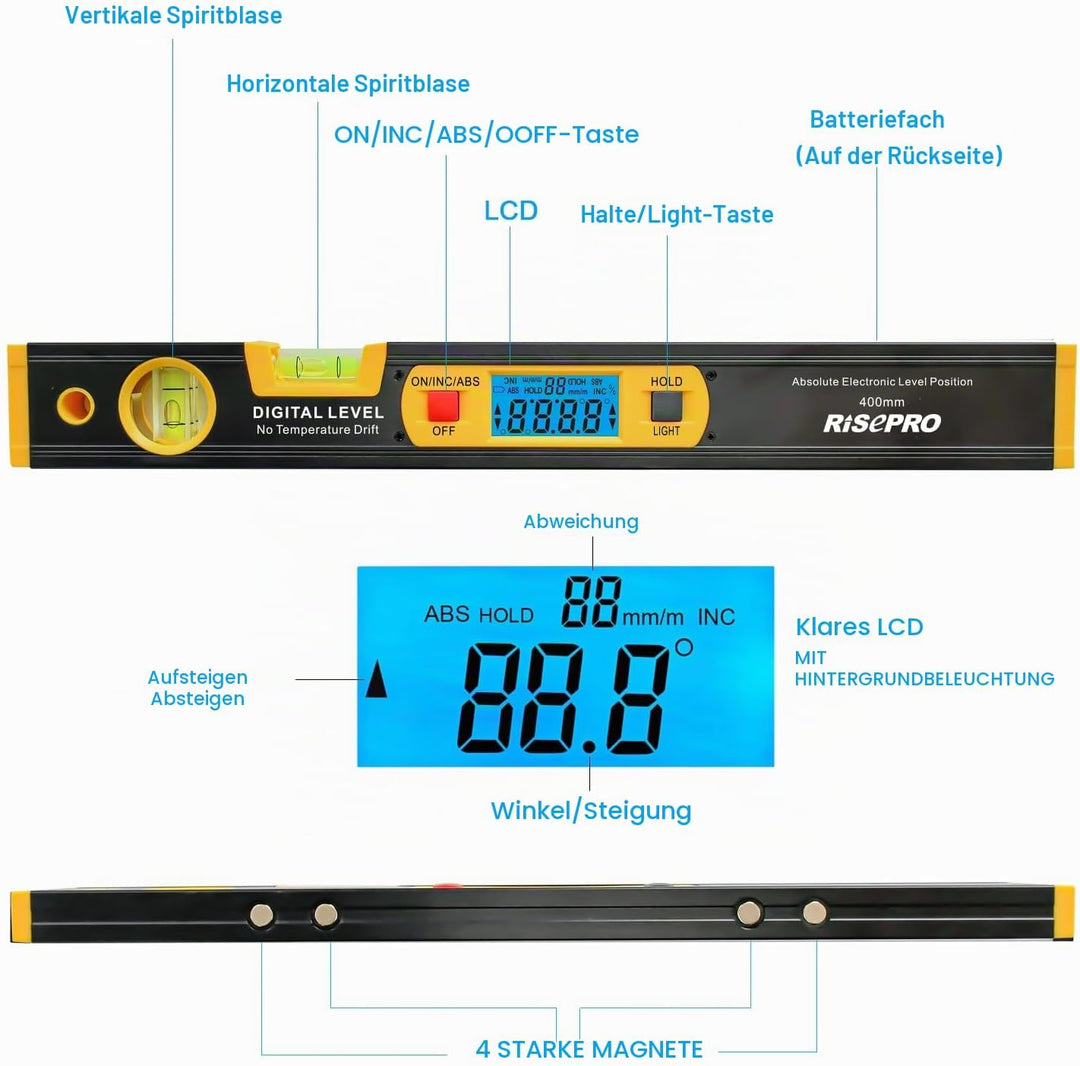 Neigungsmesser, RISEPRO Digitale Neigungsmesser Winkel Finder Gauge Spirit Level aufrecht Magnet 360