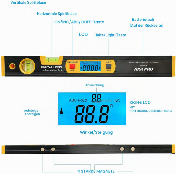 Neigungsmesser, RISEPRO Digitale Neigungsmesser Winkel Finder Gauge Spirit Level aufrecht Magnet 360