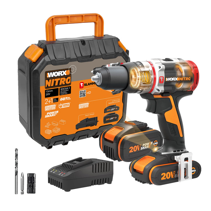 WORX NITRO 18V (20V MAX) Akku-Schlagbohrer WX354.1, PowerShare PRO, Hammerbohrer, bürstenloser Motor