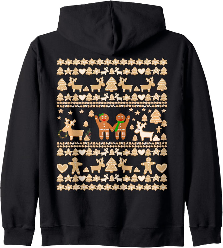 Lustiger Weihnachtspullover mit Lebkuchenmann und Hirsch, Retro-Design Kapuzenjacke