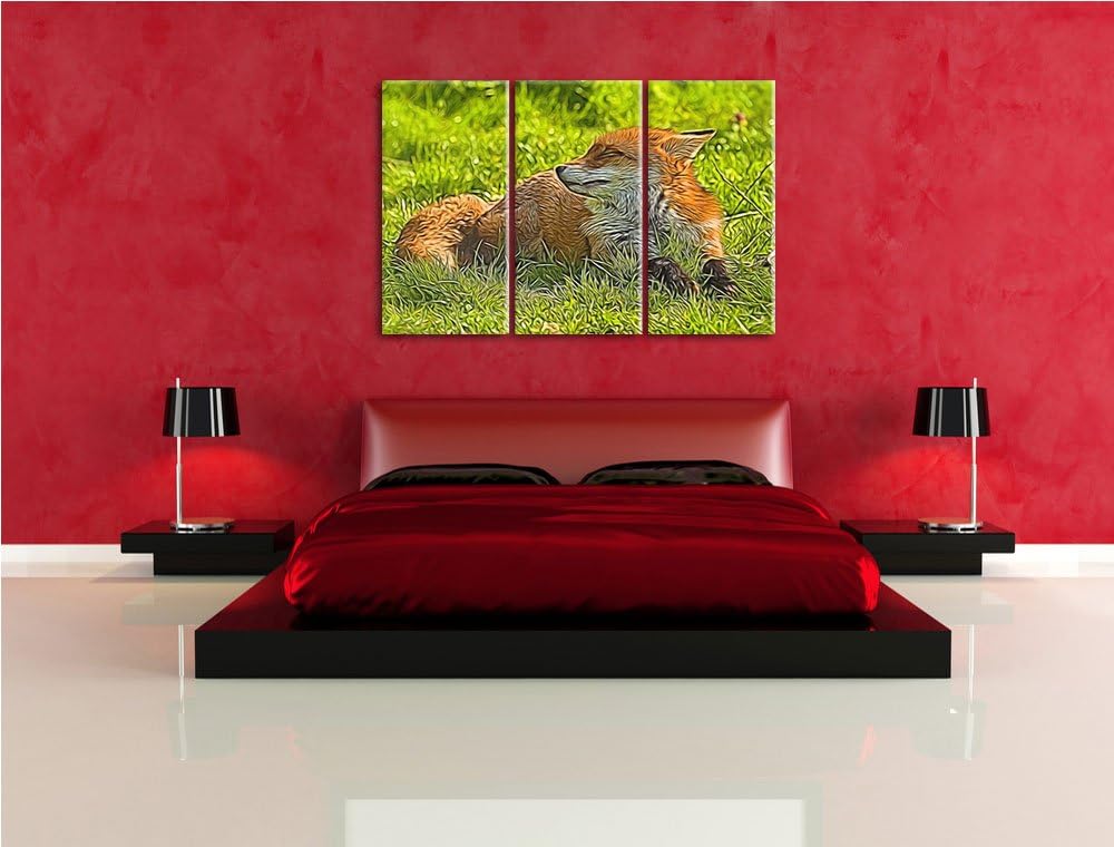 Süsser Fuchs auf Wiese 3 Teilig, Gesamtgrösse 120x80 cm auf Leinwand, XXL riesige Bilder fertig gera