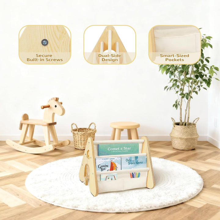 Bücherregal Kinder mit Doppelter Seite, Dreieckige Kinderregal 4-stöckig Montessori Regal für Kinder