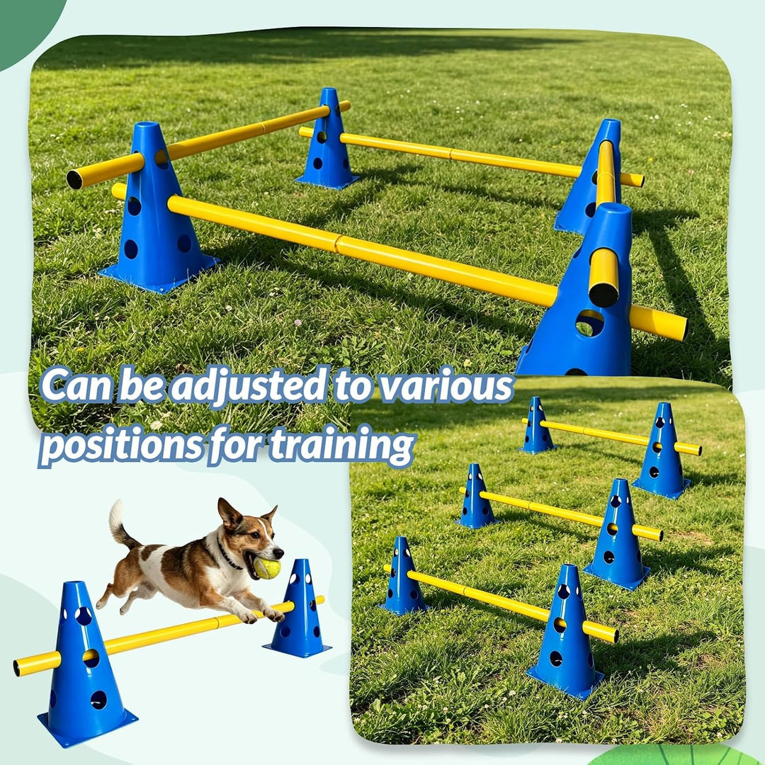 8er Agility Set für Hunde, 8 Kegel + 4 Stangen Steckhürdenset | Einstellbare Trainingshürden 24cm Hö