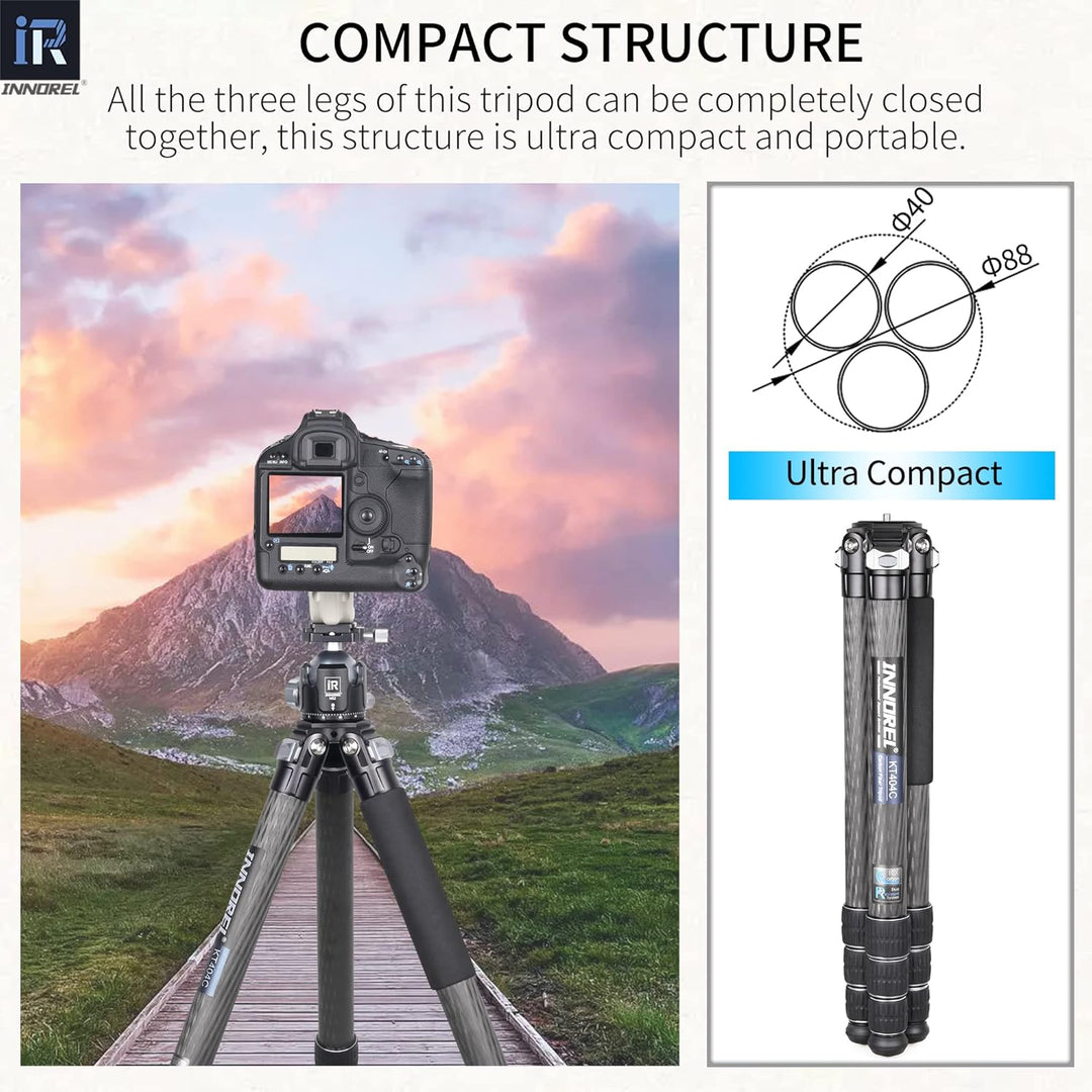 INNOREL KT404C Kompaktes 10-Lagen-Kohlefaser-Stativ 40mm Rohr Professionelles Hochleistungskamerasta