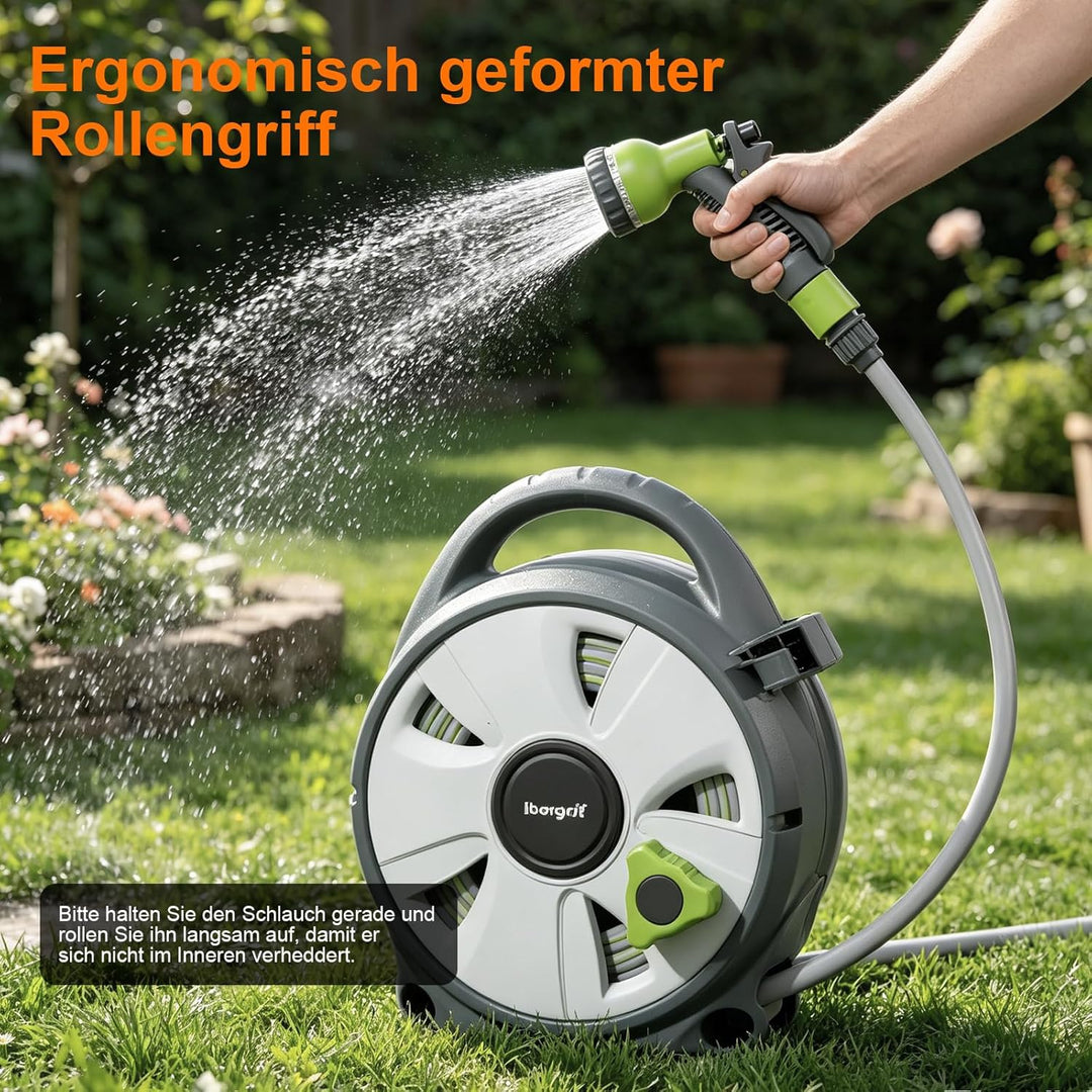 Ibegrif M22220 Schlauchtrommel mit 10 m Wasserschlauch und Multifunktionsbrause, schwarz/grün