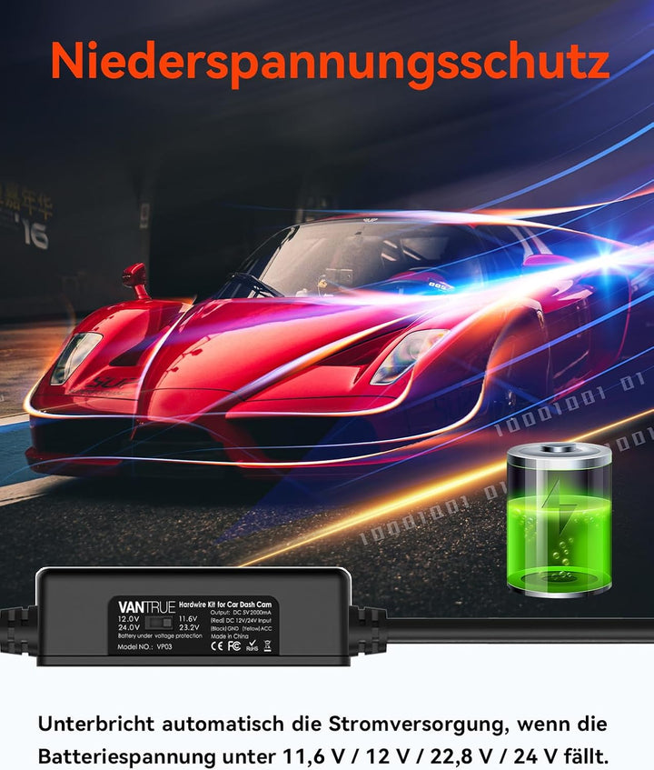 VANTRUE USB-C Hardwire Kit mit 2 Stufen und Acc Kabel für N Serie/E Serie/S1PRO/X4S, 12V/24V zu 5V,