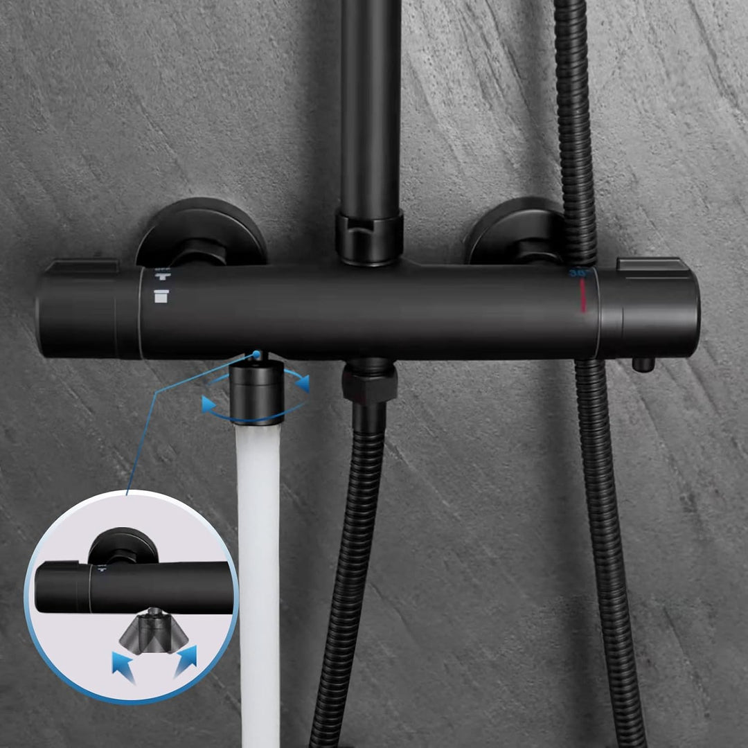 Duschsystem Thermostat Duscharmatur Duschset Schwarz mit 4 Funktion Handbrause und 11.8 * 7.5 Inch Q