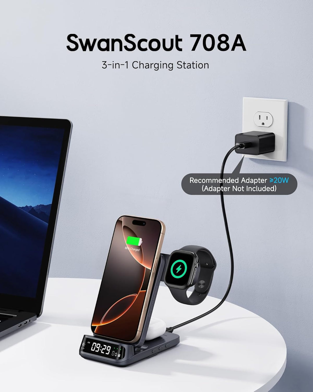 SwanScout Induktive Ladestation für iPhone, 3 in 1 Ladestation für iPhone 17/Air/16/15/14/13, Faltba