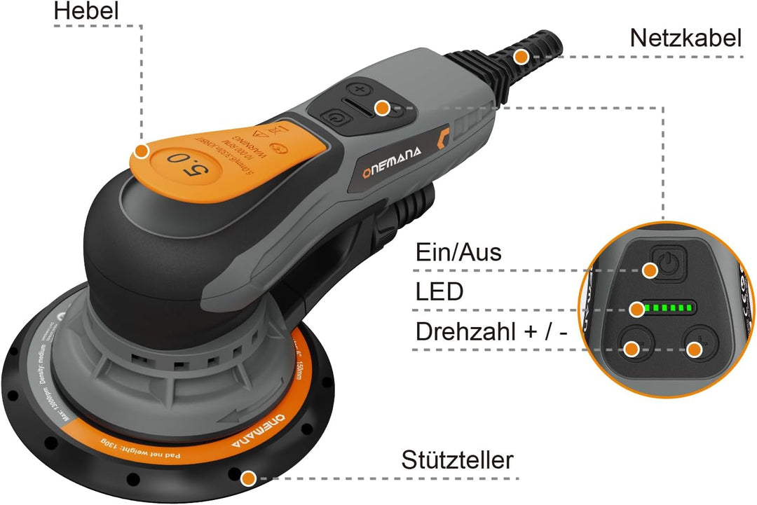 Exzenterschleifer 150 mm, Bürstenloser Exzenterschleifer mit 5,0 mm Exzenterhub, 350W Schleifmaschin