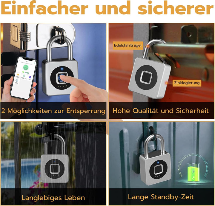 Vorhängeschloss Fingerabdruck, Anweller Vorhängeschloss mit Bluetooth und Fingerabdruck Entsperren,