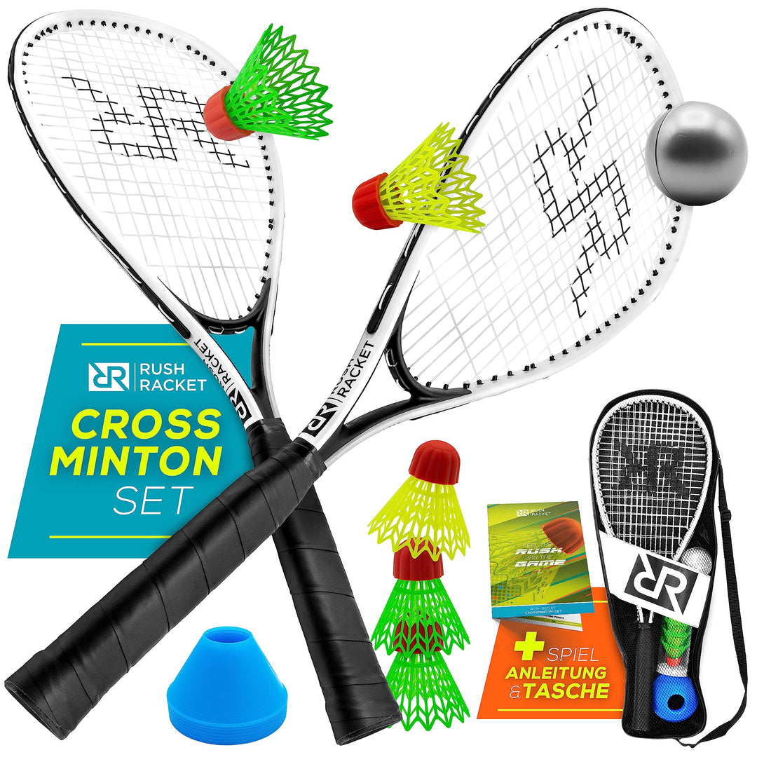 Rush Racket Set RS3 Speed Badminton Set 5-teilig (2X Schläger, 5X Federbälle, 1x Softball, 8X Feldma