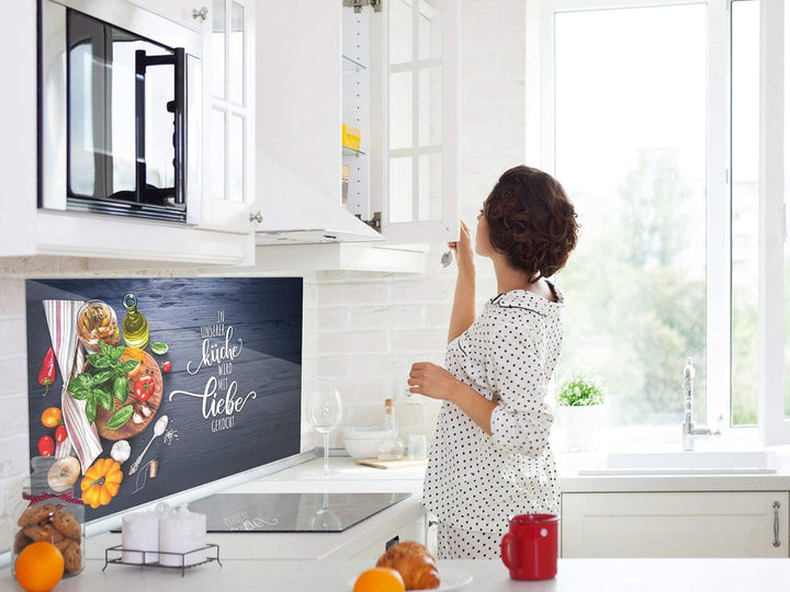 GRAZDesign Spritzschutz Küche Glas Spruch Unsere Küche mit Liebe, grau, Küchenrückwand Glas für Herd