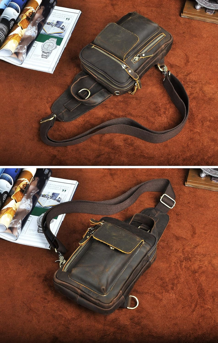 Le'aokuu Herren Echtes Leder Brusttasche Crossbody Bag Sling Bag Schultertasche Gurteltasche Umhänge