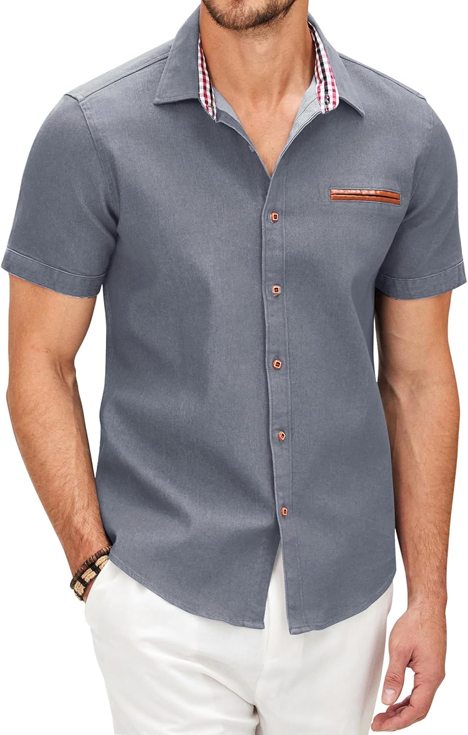 COOFANDY Jeanshemd Kurzarm Herren Hemd Cowboy-Style Knöpfen T Shirt Freizeit Kurzarm Denim Kariert K